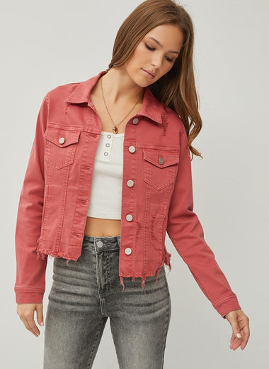 RISEN Raw Hem Button Up Cropped Denim Jacket