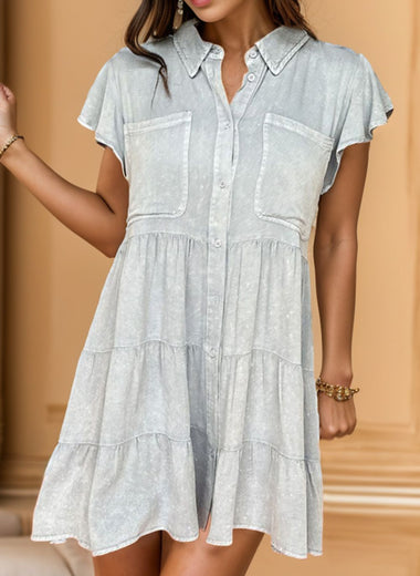 Button Up Cap Sleeve Denim Dress