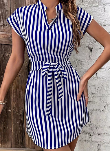 Tied Striped Cap Sleeve Mini Dress