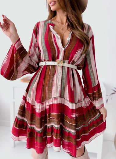 Buttoned Striped Long Sleeve Mini Dress