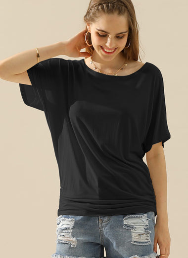 Ninexis Boat Neck Short Sleeve Ruched Side Top