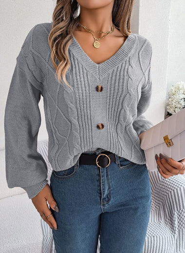 Cable-Knit Buttoned V-Neck Sweater