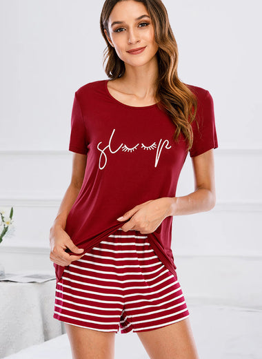 Graphic Round Neck Top and Striped Shorts Lounge Set