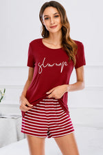 Graphic Round Neck Top and Striped Shorts Lounge Set