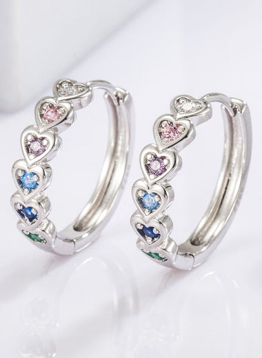 925 Sterling Silver Inlaid Zircon Heart Huggie Earrings