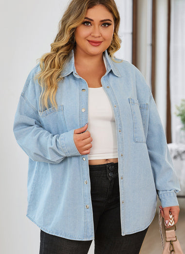 Plus Size Snap Down Pocketed Denim Jacket