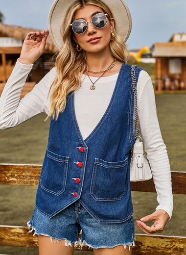 Pocketed Button Up Sleeveless Denim Jacket