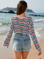 Striped Boat Neck Long Sleeve Cover Up