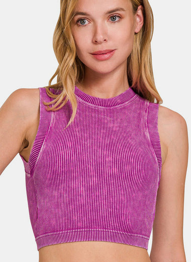 Zenana Washed Ribbed Seamless Crop Tank with Bra Pad