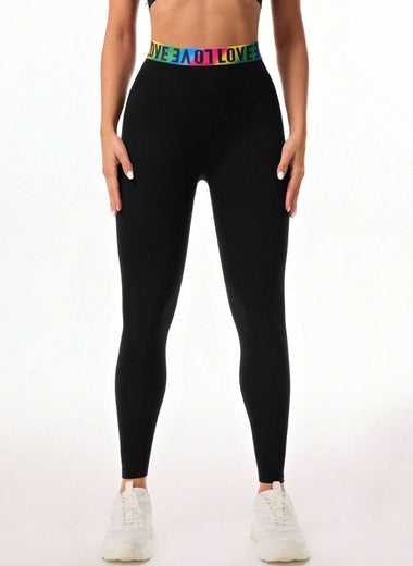 Letter Printed High Waist Active Leggings