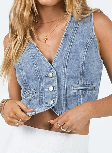 Button Up Sleeveless Denim Top