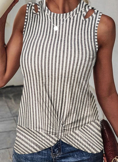 Cutout Striped Round Neck Tank