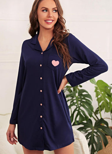 Heart Graphic Lapel Collar Night Shirt Dress