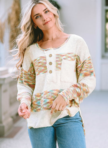 High-Low Half Button Dropped Shoulder Sweater