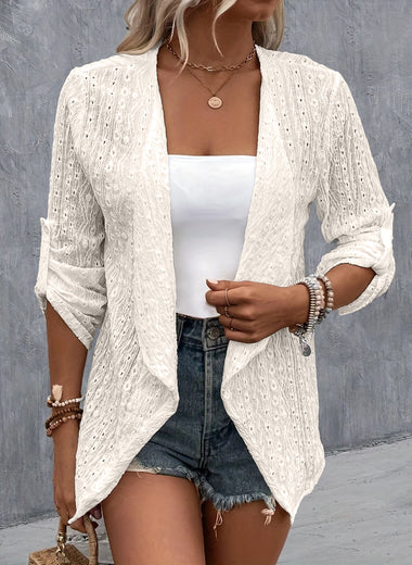 Eyelet Roll-Tab Sleeve Cardigan