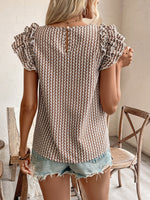 Ruffled Printed Round Neck Cap Sleeve Blouse