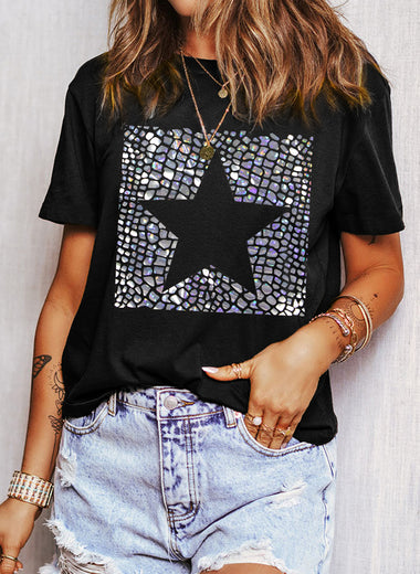 Star Round Neck Short Sleeve T-Shirt