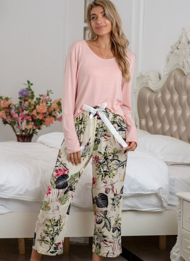 Round Neck Top and Printed Pants Lounge Set