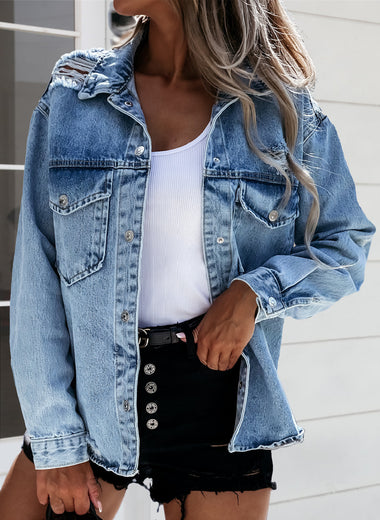 Distressed Snap Down Denim Jacket