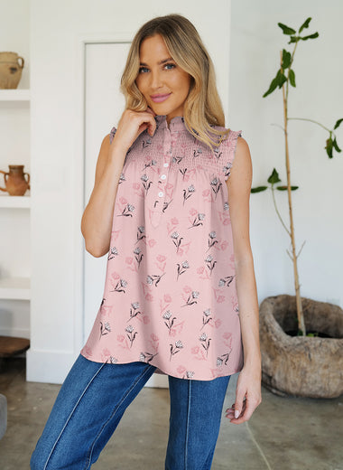 Frill Printed Mock Neck Top