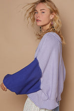 POL Exposed Seam Contrast V-Neck Lantern Sleeve Sweater