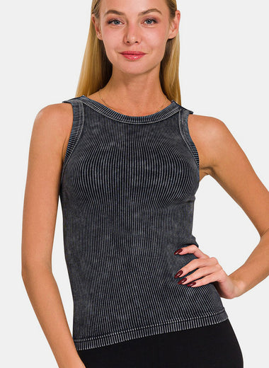 Zenana 2 Way Neckline Washed Ribbed Cropped Tank