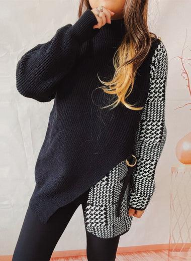 Houndstooth Turtleneck Long Sleeve Slit Sweater