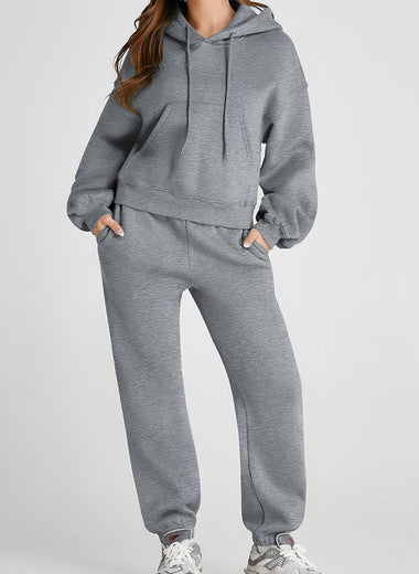 Dropped Shoulder Hooded Top and Pants Active Set